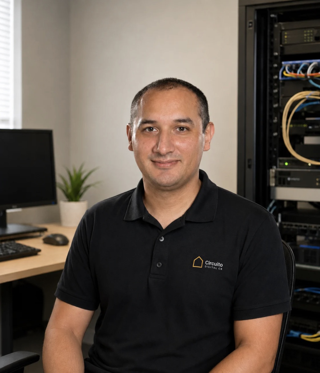 David Rodríguez, técnico en soporte TI, atendiendo equipo en Garabito